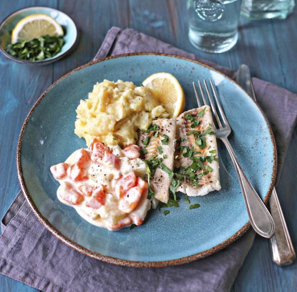 Seelachs mit Gemüse und Kartoffelstampf