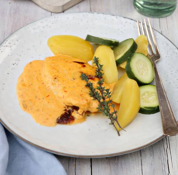 Paprika-Rahm-Schnitzel mit Gemüse