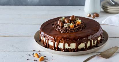 Schokoladenkuchen mit Schokoladeneiern auf Teller