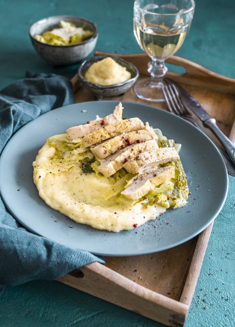 Senf-Honig-Hähnchen mit Stampf und Wirsing