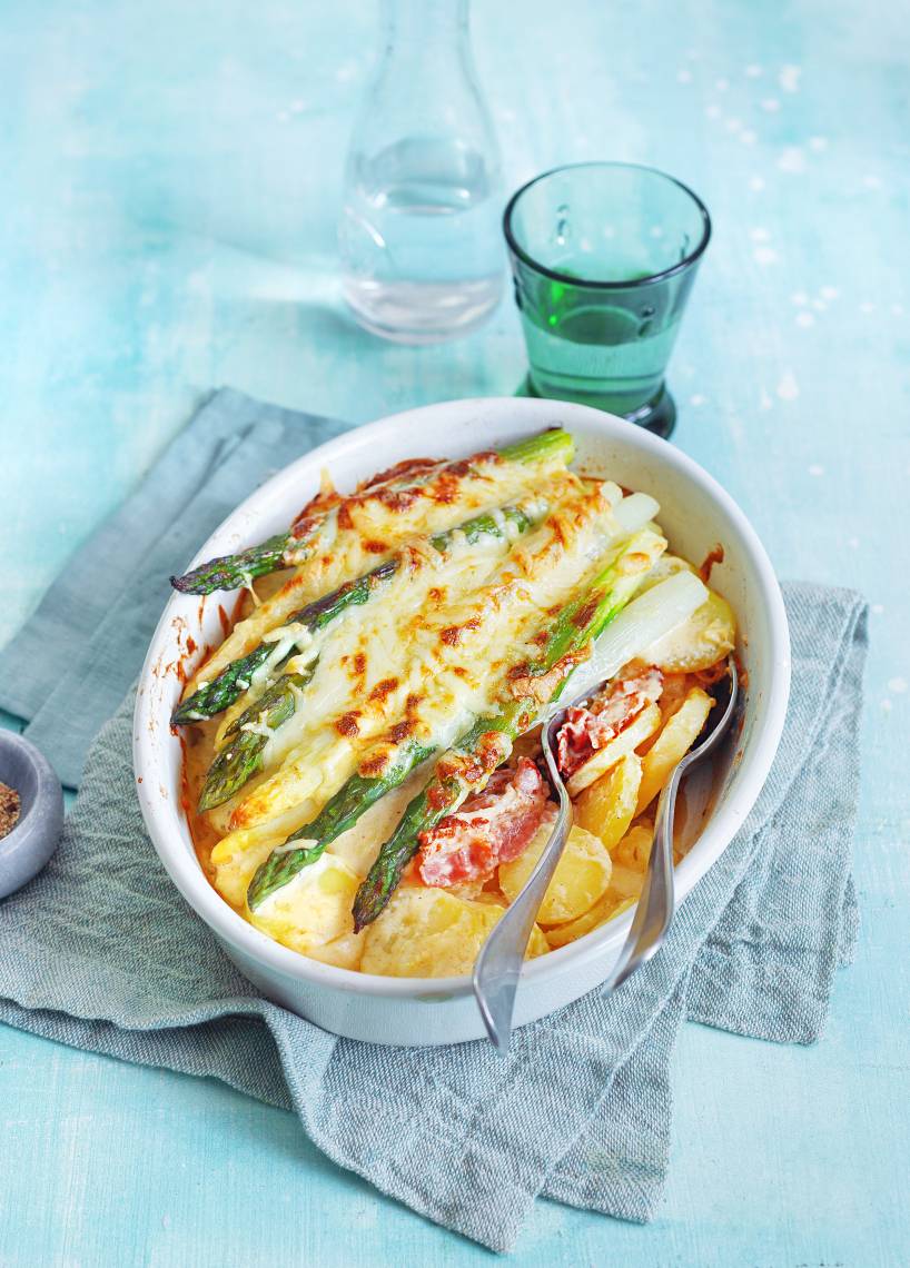 Spargel-Kartoffel-Gratin mit Schinken