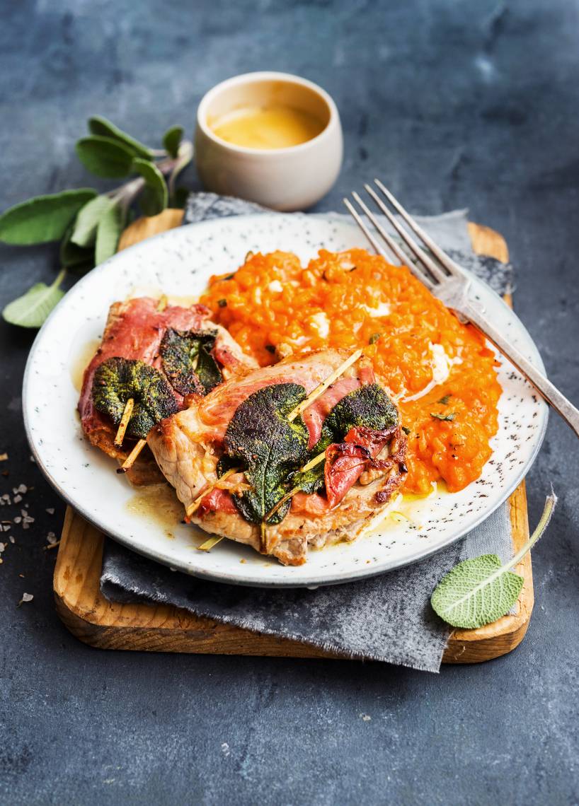 Mozzarella-Risotto mit Saltimbocca alla romana