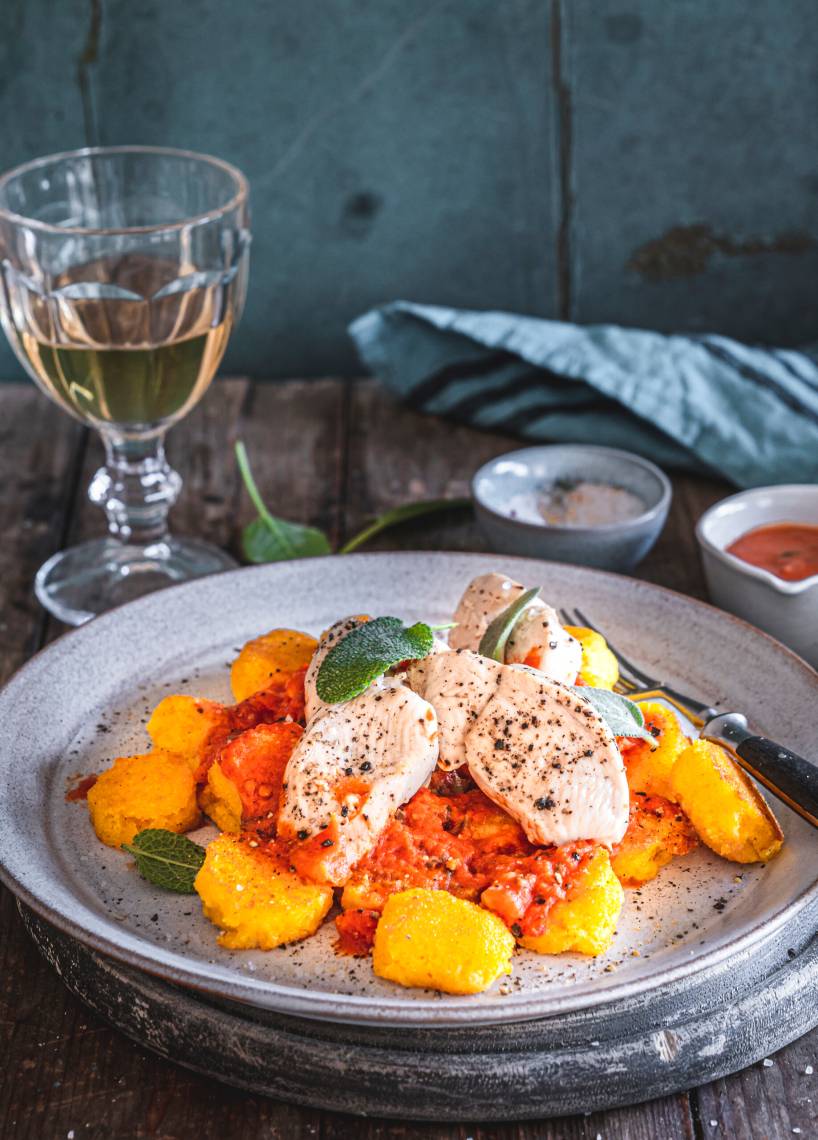 Polenta-Gnocchi mit Hähnchen und Soße