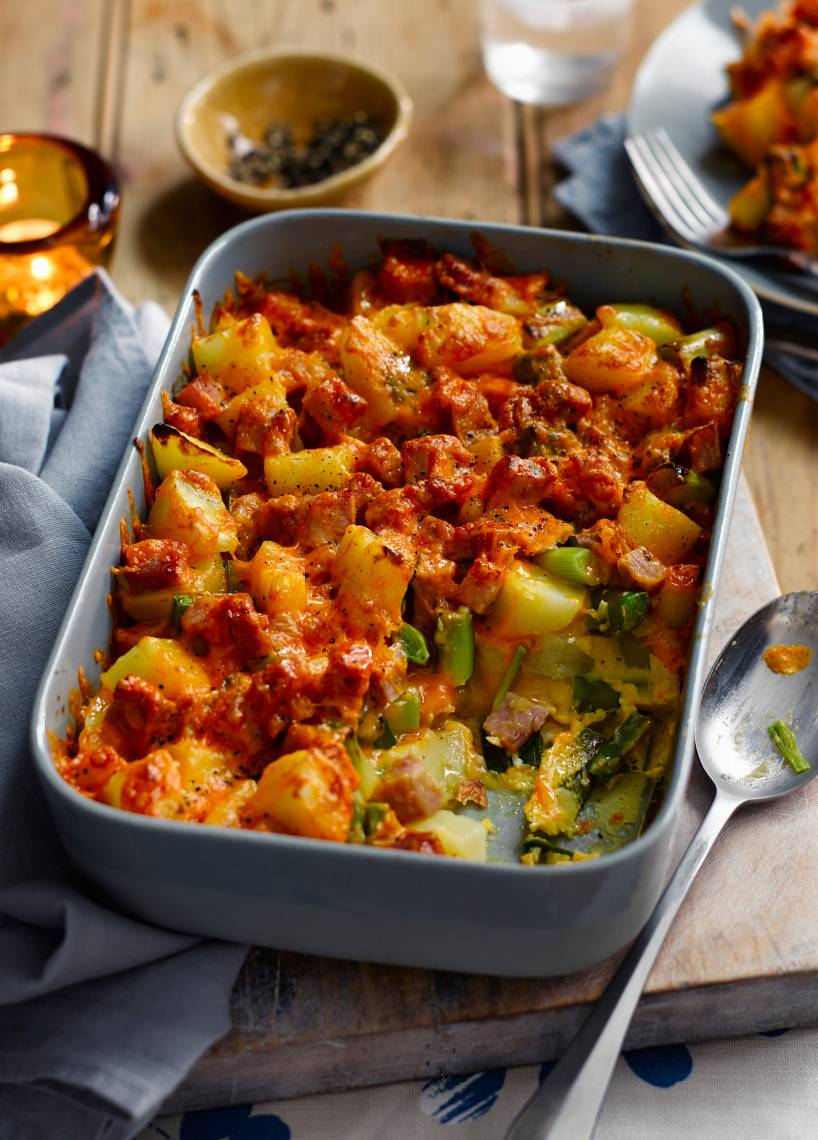 Käse-Lauch-Auflauf mit Schinken