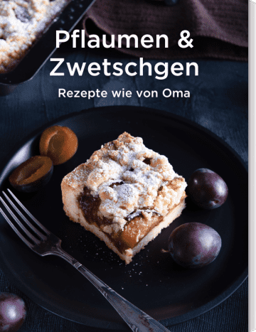 Zwetschgen-Kuchenstück auf einem schwarzem Teller